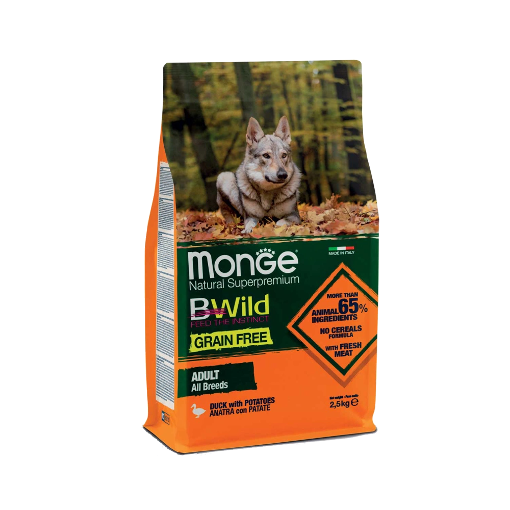 monge_bwild_adult_duck with potatoes Monge Natural Superpremium Grain Free All Breeds Adult Duck with potatoes